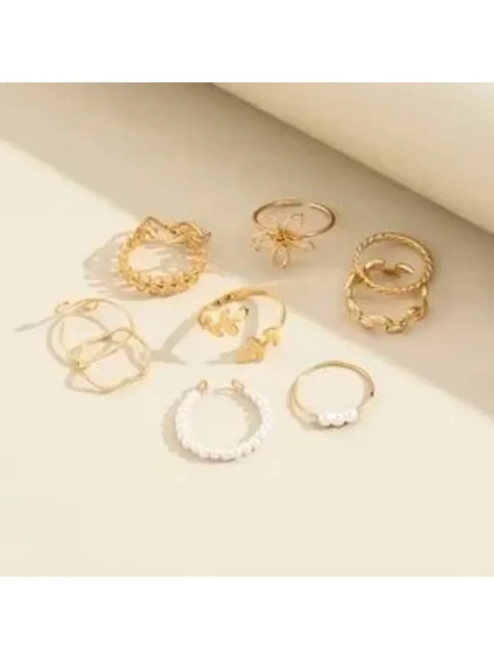 Boho Gold tone Floral Pearl Leaf Ring set - Picture 3 of 4